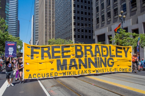 SAN FRANCISCO - JUNE 30 : Campaigners for the freedom of Bradley Manning take part at the annual San Francisco Gay pride parade on June 30, 2013. Photo: Kobby Dagan © Mostphotos 2013